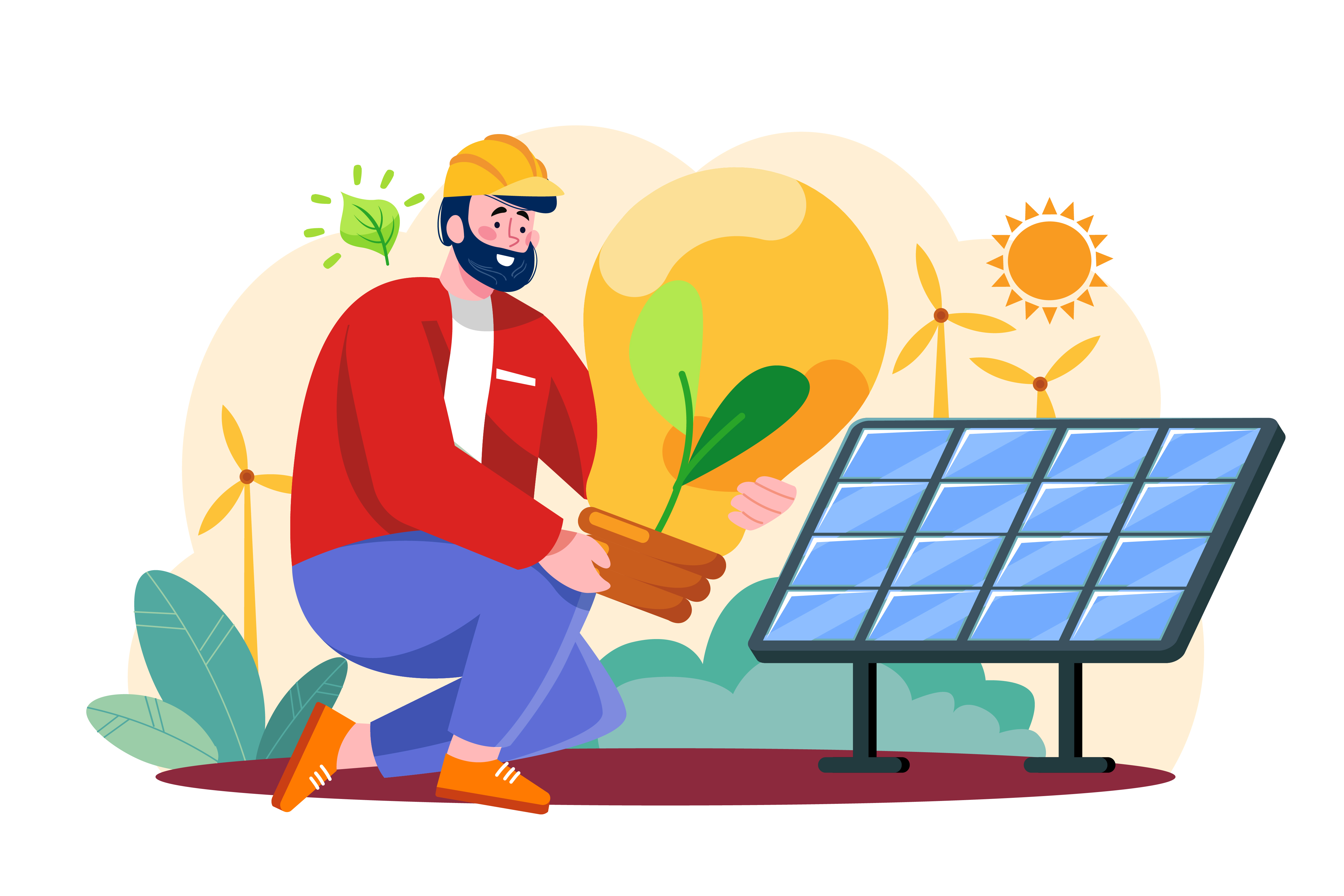 Vector illustration of a man kneeling in a field and holding a plant beside a solar panel